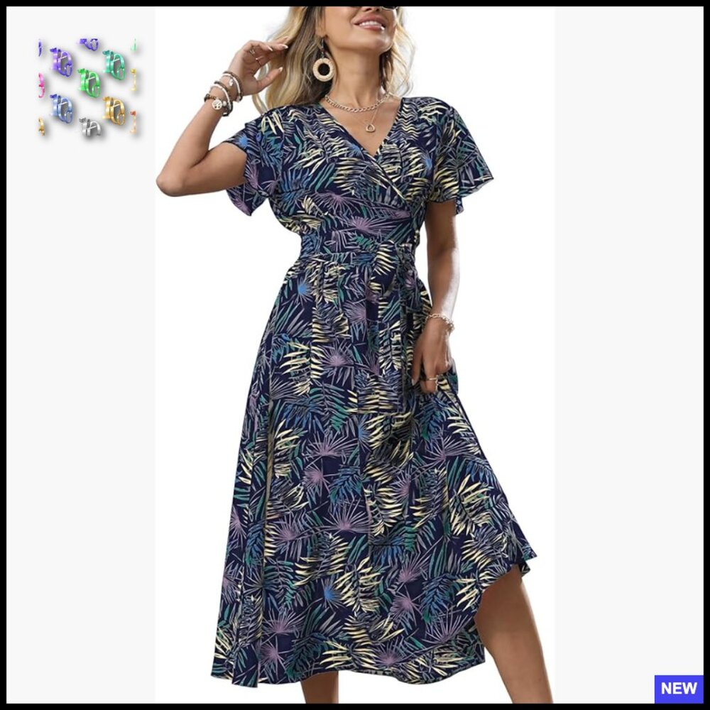 Boho Wrap Midi Dress V-Neck Ruffle Sleeve Floral Print Casual Beach Vacation